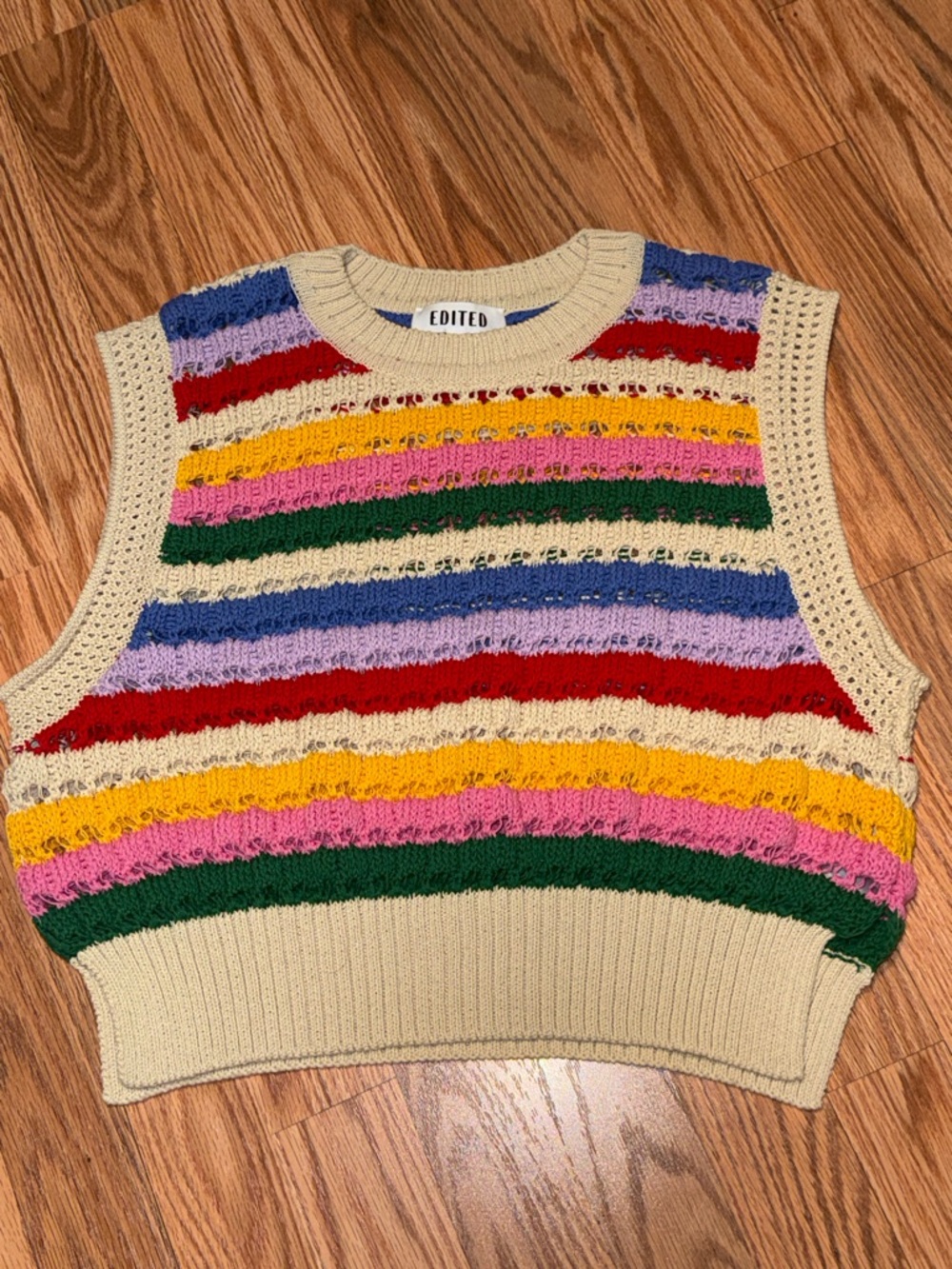 Edited made in Spain Cream Multicolor Striped Crochet Crop Tank fall size 40